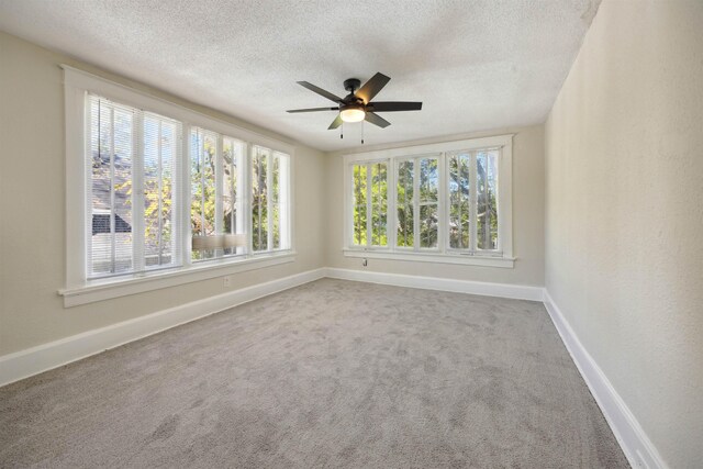 empty room with carpet flooring, a textured ceiling, a wealth of natural light, and ceiling fan