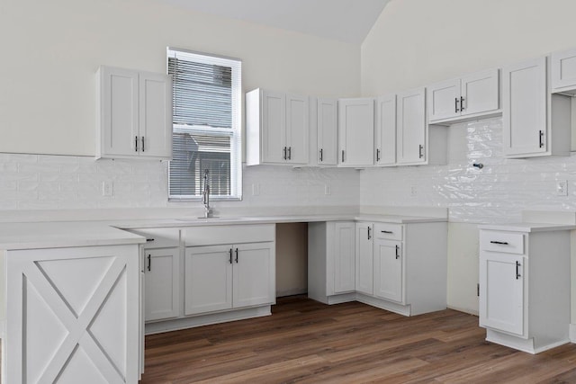 kitchen with decorative backsplash, white cabinetry, sink, and dark hardwood / wood-style floors