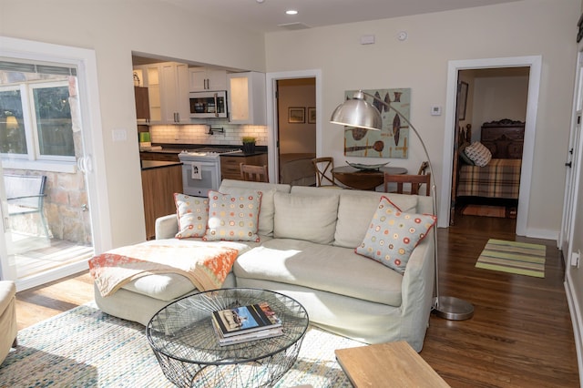 living room with dark hardwood / wood-style floors