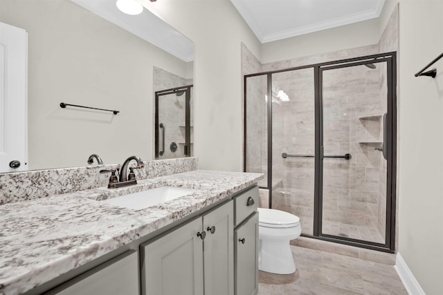 bathroom with crown molding, wood-type flooring, toilet, vanity, and a shower with shower door