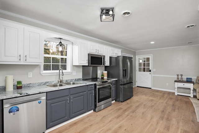 kitchen featuring white cabinets, sink, gray cabinets, light wood-type flooring, and stainless steel appliances