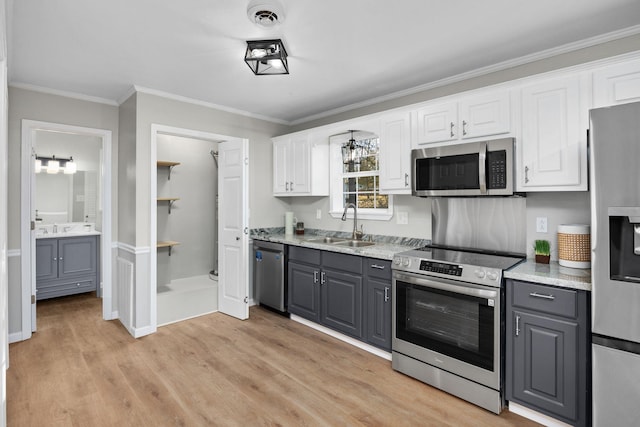 kitchen with white cabinets, sink, gray cabinetry, and stainless steel appliances