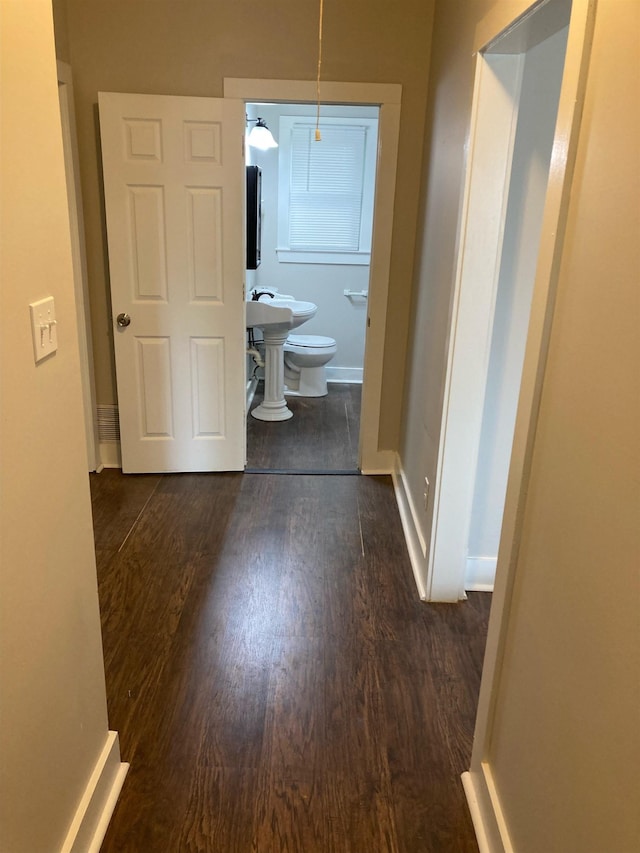 hallway with dark hardwood / wood-style floors