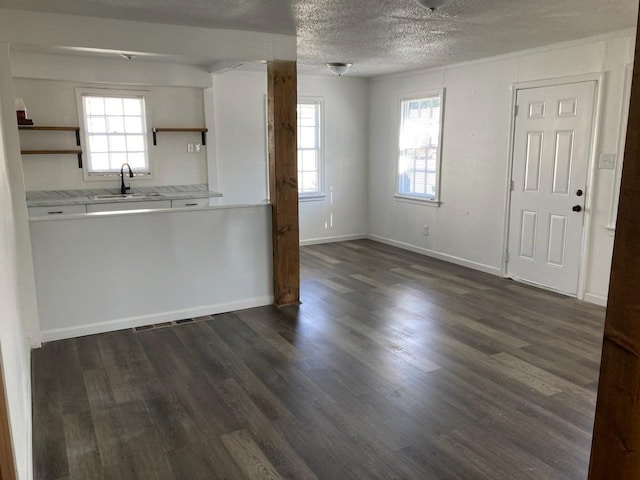 kitchen with a textured ceiling, dark hardwood / wood-style floors, white cabinetry, and sink