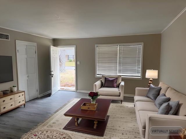 living room with hardwood / wood-style floors and ornamental molding