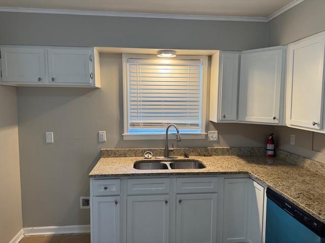 kitchen featuring white cabinets, dishwasher, and sink