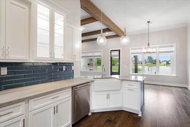 680 Magnolia Ln, Piperton, TN 38017 - kitchen with dishwasher, backsplash, dark wood-style flooring, a peninsula, and a chandelier