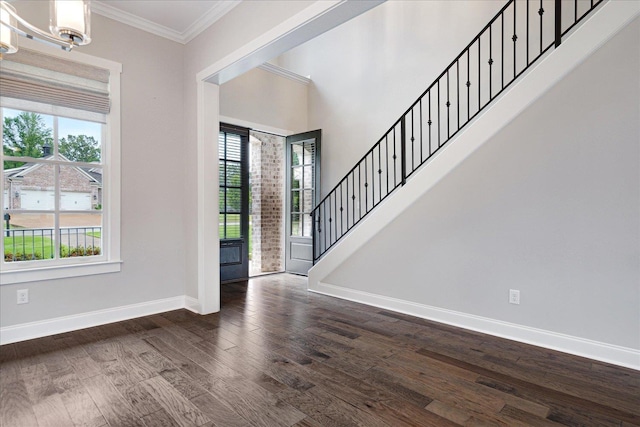 680 Magnolia Ln, Piperton, TN 38017 - entryway featuring crown molding, a chandelier, dark wood-style floors, and stairway