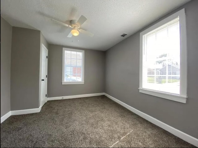 carpeted empty room featuring a textured ceiling, ceiling fan, and a healthy amount of sunlight