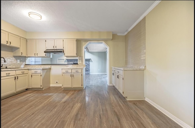 kitchen featuring sink, light stone counters, crown molding, hardwood / wood-style floors, and a textured ceiling