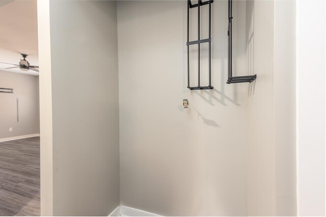 bathroom with hardwood / wood-style floors and ceiling fan