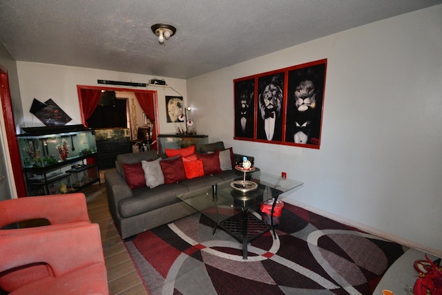 living room with dark hardwood / wood-style flooring and a textured ceiling