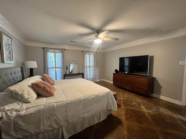 bedroom featuring dark tile patterned flooring, ceiling fan, crown molding, and a textured ceiling