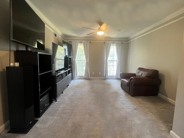 interior space with plenty of natural light, ceiling fan, and crown molding