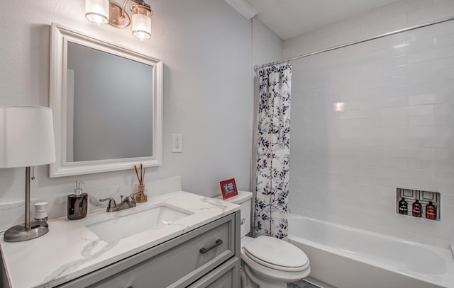 full bathroom with vanity, toilet, and shower / tub combo with curtain