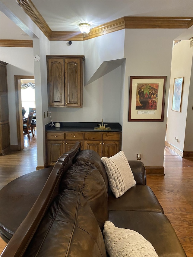 living room featuring hardwood / wood-style flooring, ornamental molding, and sink