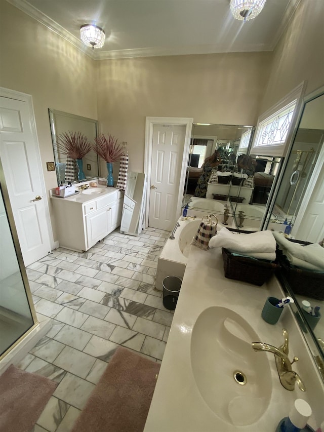 bathroom with a towering ceiling, vanity, crown molding, plus walk in shower, and tile patterned flooring