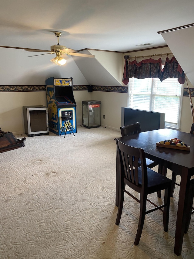 dining room featuring carpet and ceiling fan