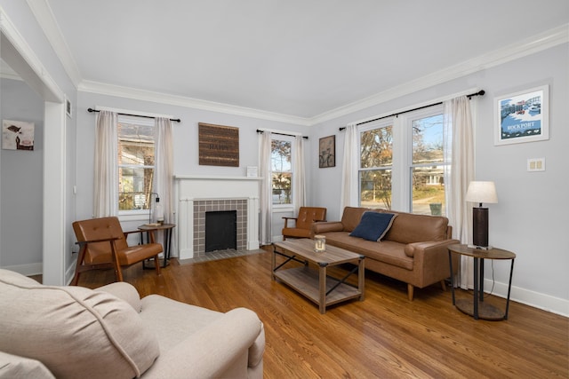 living room with a fireplace, wood-type flooring, and crown molding