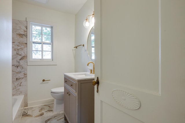 full bathroom with vanity, shower / bathtub combination, and toilet