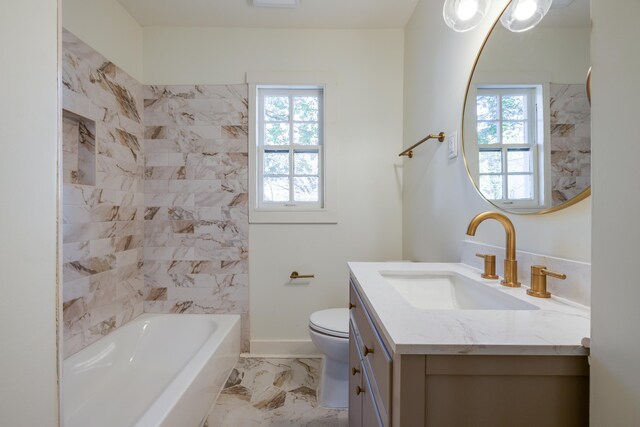 full bathroom featuring a wealth of natural light, toilet, vanity, and tiled shower / bath