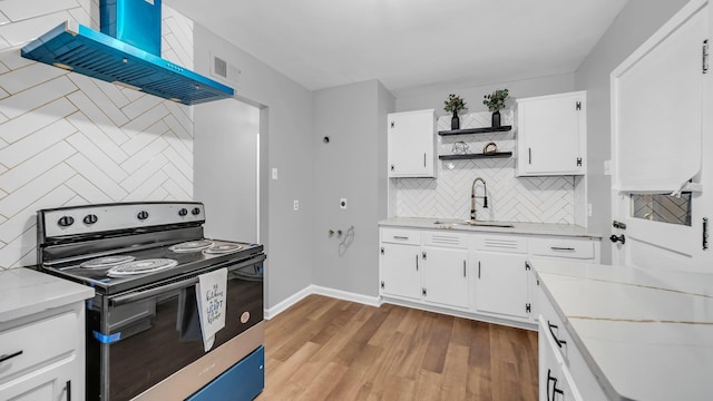 kitchen featuring backsplash, white cabinets, sink, range with electric cooktop, and light hardwood / wood-style floors