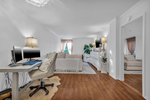 office featuring hardwood / wood-style floors and crown molding