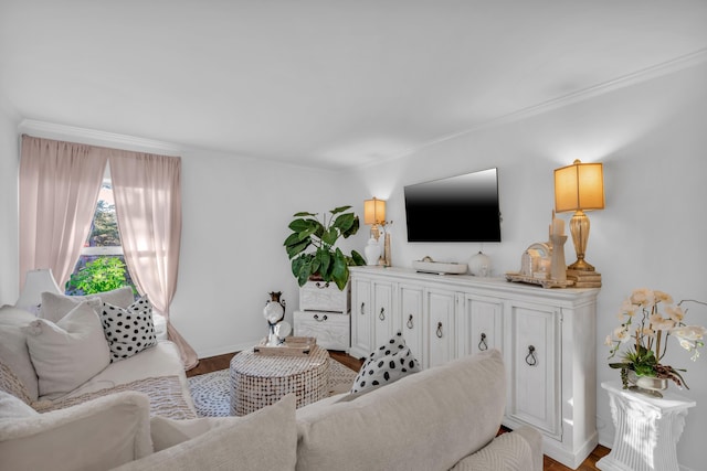 living room with wood-type flooring and ornamental molding