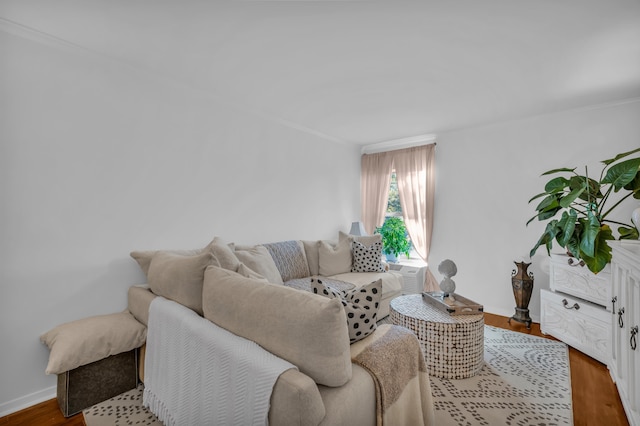 living room featuring dark hardwood / wood-style flooring and crown molding