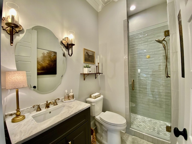 bathroom featuring walk in shower, tile patterned floors, vanity, and toilet