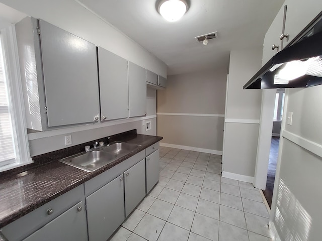 kitchen with gray cabinetry, light tile patterned floors, and sink