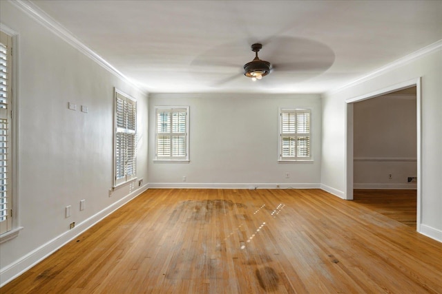 spare room with ceiling fan, light hardwood / wood-style flooring, and ornamental molding