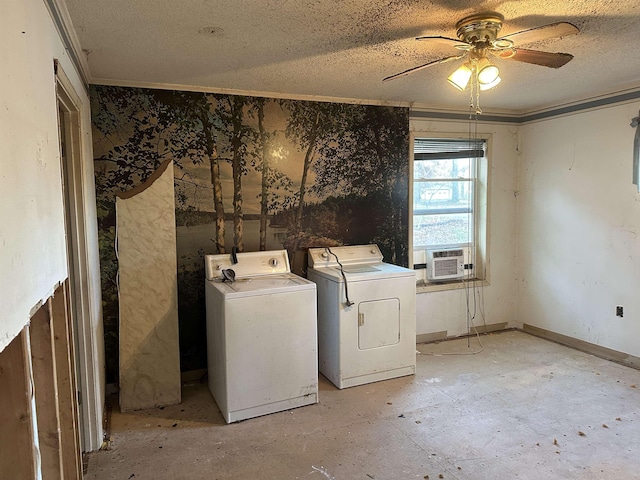 laundry area featuring a textured ceiling, washer and clothes dryer, cooling unit, and ceiling fan