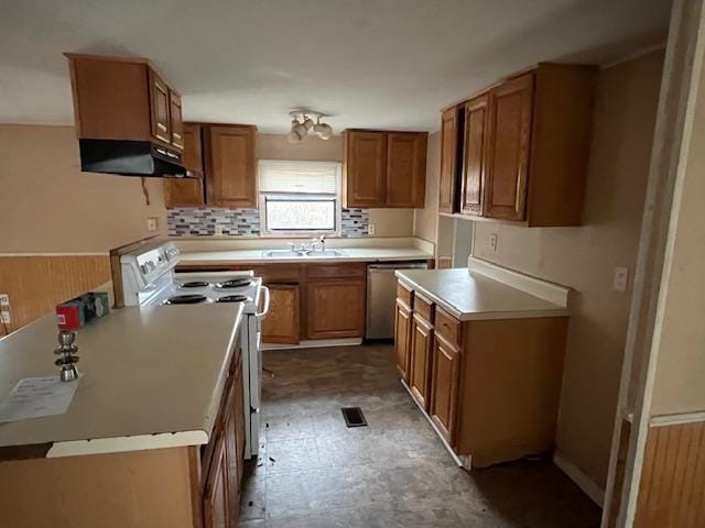 kitchen with tasteful backsplash, sink, dishwasher, and white electric stove