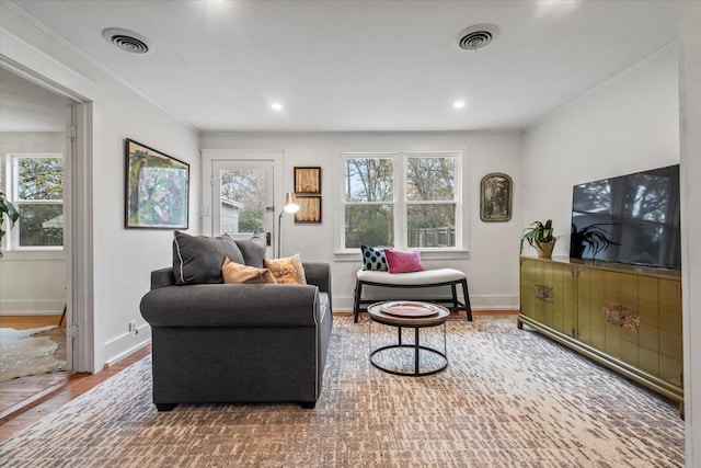 living room featuring wood-type flooring and ornamental molding