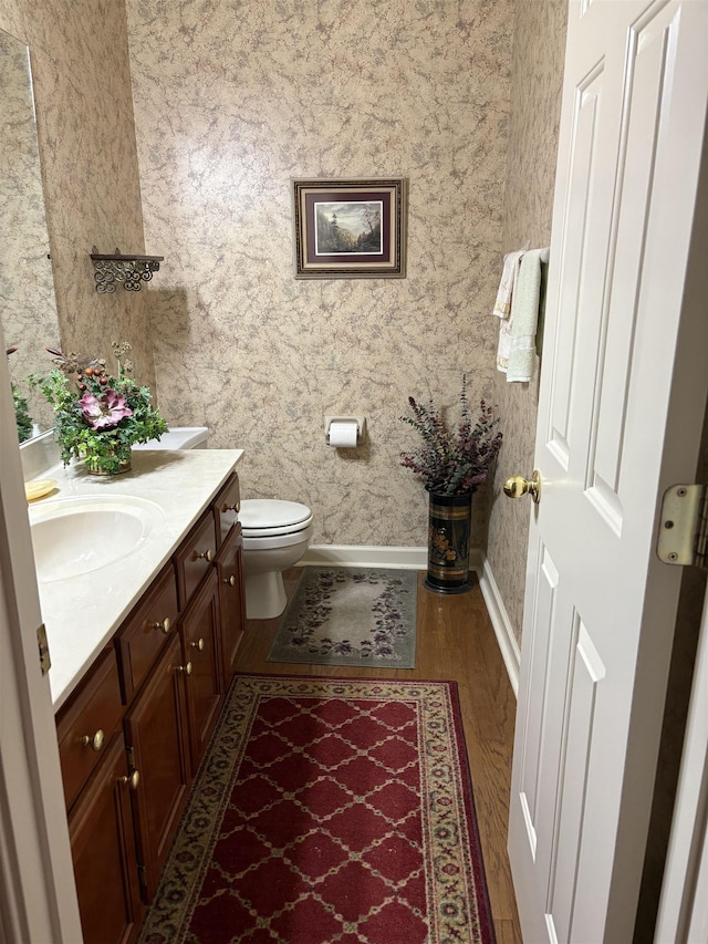 bathroom featuring hardwood / wood-style floors, vanity, and toilet