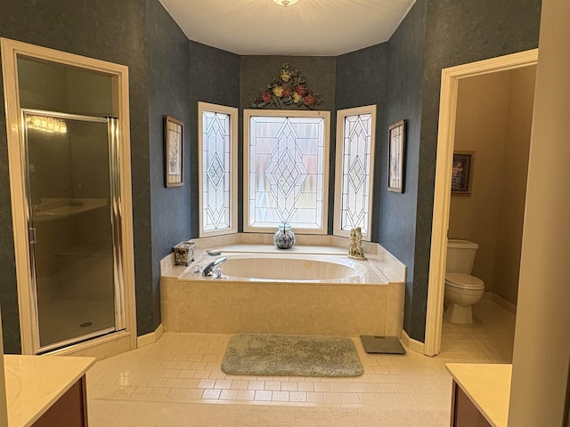 full bathroom featuring vanity, tile patterned floors, and independent shower and bath