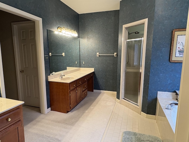 bathroom featuring vanity and plus walk in shower