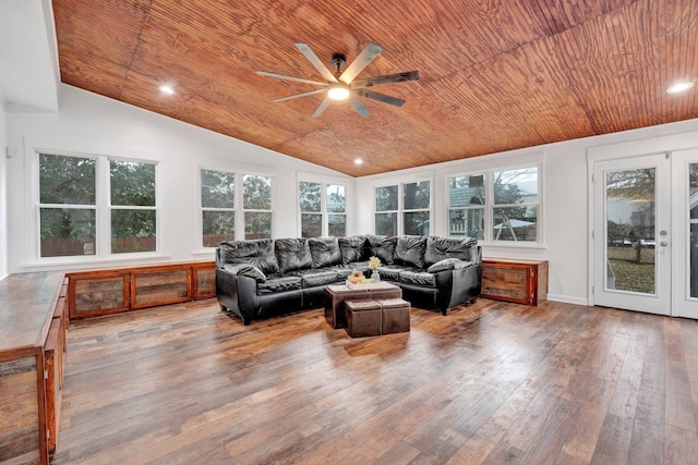 living room featuring hardwood / wood-style floors, lofted ceiling, wood ceiling, and french doors