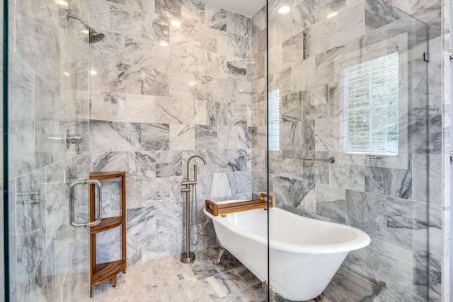 bathroom with independent shower and bath and tile walls