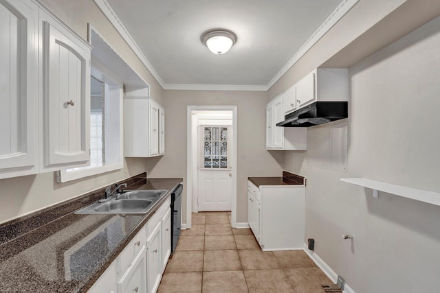 kitchen with white cabinets, sink, ornamental molding, black dishwasher, and light tile patterned floors