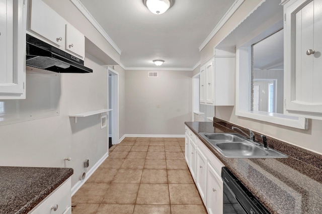 kitchen featuring dishwashing machine, sink, white cabinets, and ornamental molding