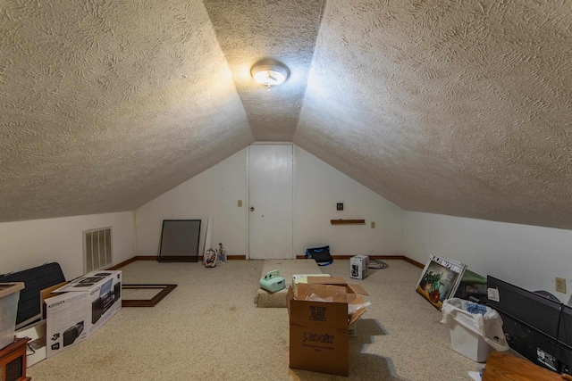 additional living space featuring carpet, a textured ceiling, and vaulted ceiling