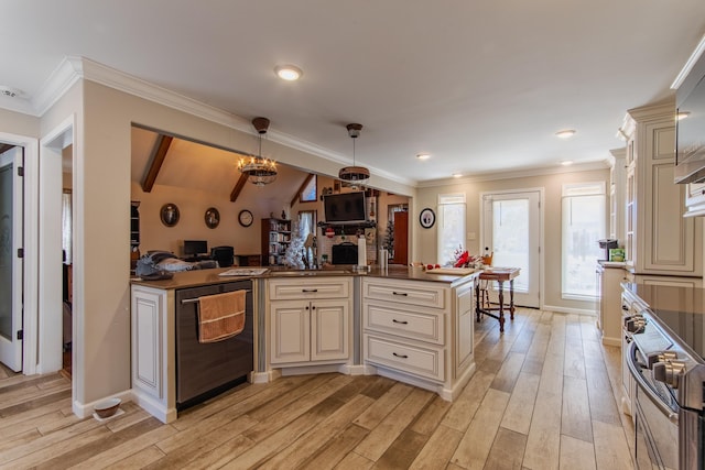 kitchen featuring light wood-type flooring, stainless steel dishwasher, crown molding, cream cabinets, and decorative light fixtures