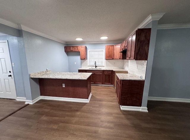 kitchen featuring decorative backsplash, dark hardwood / wood-style flooring, ornamental molding, a textured ceiling, and sink