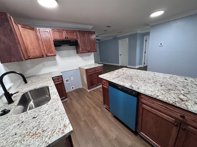 kitchen featuring backsplash, stainless steel dishwasher, ornamental molding, dark wood-type flooring, and sink