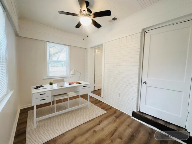 office area featuring dark hardwood / wood-style flooring, ceiling fan, and ornamental molding