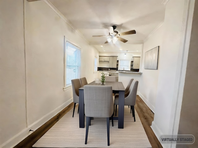 dining space with crown molding, ceiling fan, and dark wood-type flooring