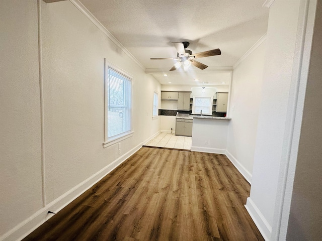 unfurnished living room with light hardwood / wood-style floors, ceiling fan, and ornamental molding