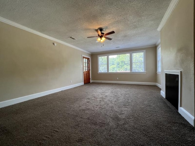 unfurnished living room featuring dark colored carpet, a textured ceiling, ceiling fan, and crown molding